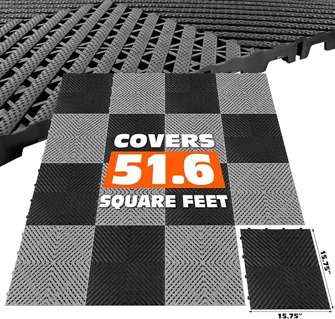 Interlocking Garage Floor Tiles - 0.79in,Vented, Self-Draining, Non-Slip Flooring, Modular, Virgin Polypropylene, Ideal for Garages, Patios, Basements, Decks -51.6 sq ft (Black, 30PCS)