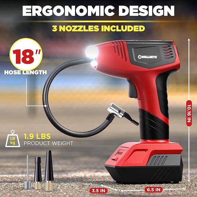 Bullseye Pro Automatic Digital Tire Inflator 150 PSI Max w/Gauge Display Screen & Pre-set Pressure in KPA, PSI, BAR, kg/cm, Built-in LED Lights, Rechargeable, Air Compressor, Car Tire Pump