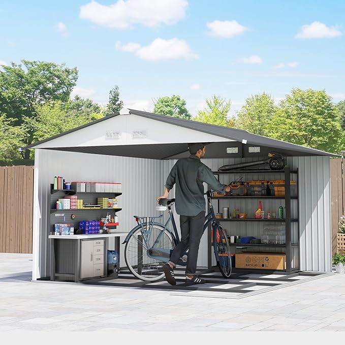 Outsunny 11' x 9' Outdoor Storage Shed, Garden Tool Metal Shed with Foundation Kit, Double Lockable Door, Air Vents and Sloping Roof, for Backyard, Patio, Lawn, Silver