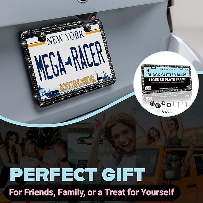 Elegant Bling License Plate Frame for Women - 1 Pack, 800 Premium Black Rhinestones, Rust-Free Stainless Steel, Street Legal Slim Design, Sparkly Diamond Car Tag Holder with Glitter Crystal Covers