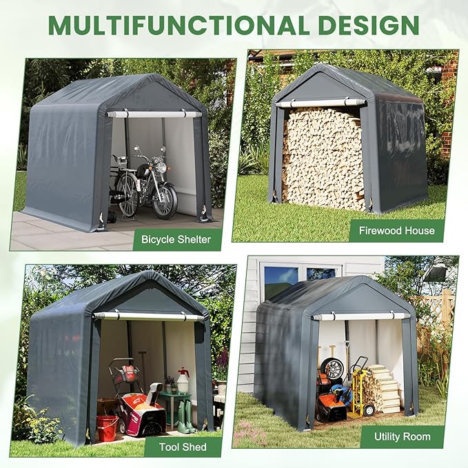 Tangkula 8x6.5Ft Portable Shed, Outdoor Storage Shelter with Waterproof Cover & Roll-up Zipper Door, Ratchet Strap, Heavy Duty Portable Storage Tents for Outside, Bikes, Garden Tools, Motorcycles