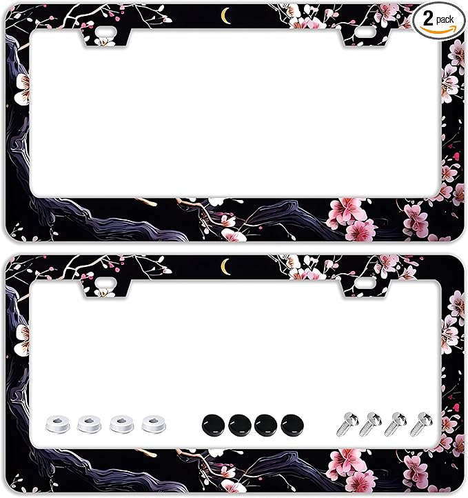 Watercolor Cherry Blossom License Plate Frames - 2 Pcs Set 2 Holes Stainless Steel Metal Auto Car Accessories Decoration License Plate Frame Cover Size 6.3" x 12.2" Fit US Vehicles for Women Men Gift