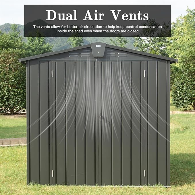 iKERY Galvanized Steel Storage Shed - 6.5' x 4.2' with Lockable Door, Metal Garden Shed for Bikes, Tools, Lawn Mowers and Trash Cans, Ideal for Backyard and Patio, Dark Gray