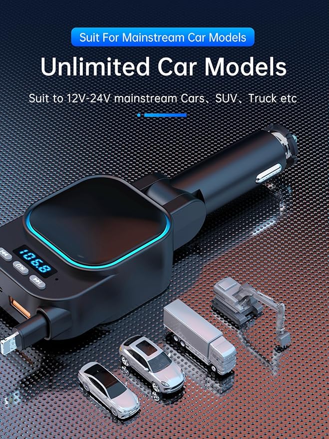 Retractable Car Charger 96W with Bluetooth Car Adapter, 4 in 1 Fast Charging, Radio Bluetooth 5.3 FM Transmitter, Handsfree Calling, USB C Phone car Charger Adapter for iPhone 16 15 14 13 12