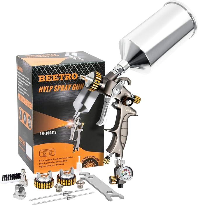 BEETRO HVLP Air Spray Gun, 1000ml Capacity 14.3CFM 29-32psi 1.4mm/1.8mm Nozzles Stainless Steel with Type 2 Adapter Air Control Valve and Filter Professional Gravity Feed Sprayer Automotive
