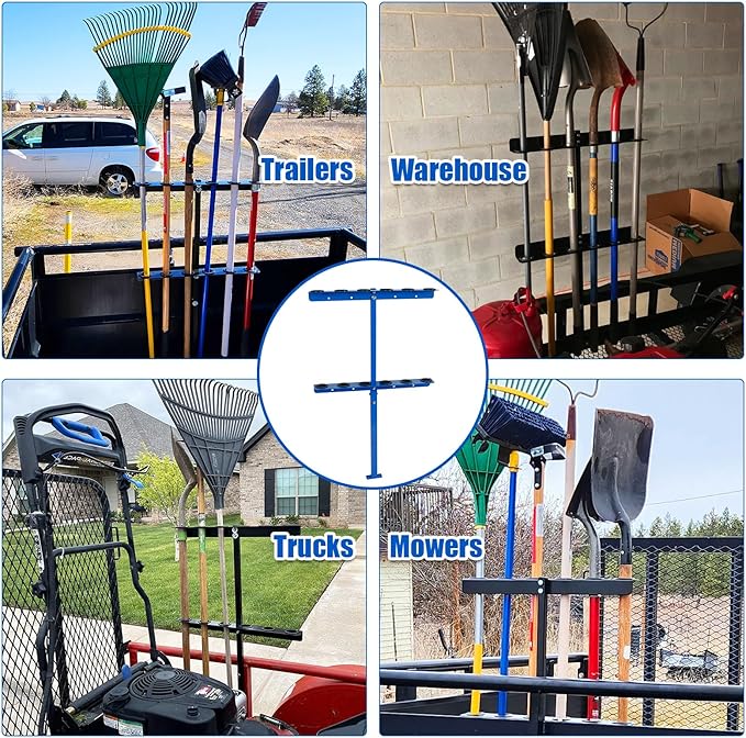 Vertical Hand Rack for Enclosed Landscaping Truck Trailer Garage or Shed Walls Holds 6 Tools for Shovels, Rakes, Hoes, Open Trailer Storage, 1 Pack (Blue)