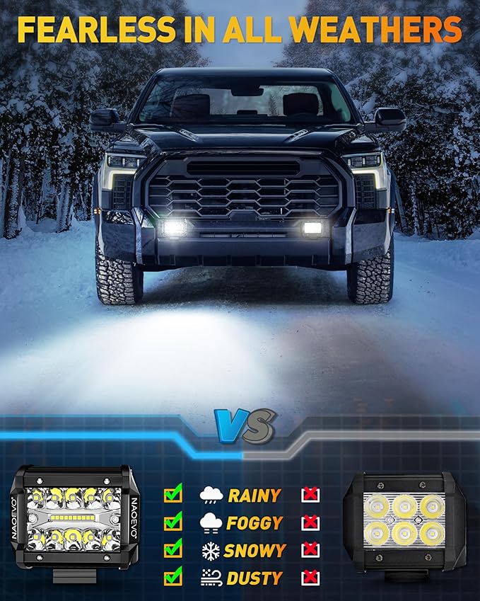 NAOEVO 4 Inch LED Pod Lights, Spot Flood LED Fog/Driving/Off Road Lights with 2 Leads Wiring Harness, Cube Pods for Truck Boat ATV UTV, 2 Pcs (White)