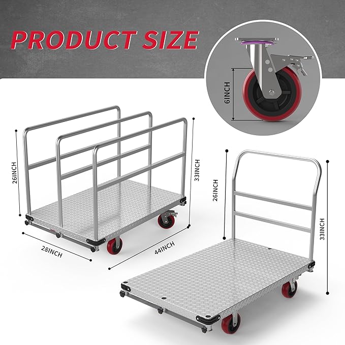 Extra Large Steel Panel Cart Dolly, 2IN1 Heavy Duty Drywall Lumber Truck with 3000 LBS Capacity, 44 x 28 inch 2MM Steel Plate Drywall Cart with 6" Swivel Brake Wheels, 1Front and 3Side Handrials