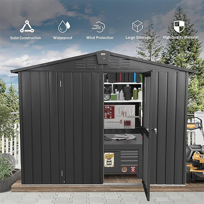 IKERY Galvanized Steel Storage Shed - 8.2' x 6.2' with Lockable Door, Large Metal Garden Shed for Bikes, Trash Cans and Outdoor Storage, Suitable for Backyard and Patio, Dark Gray