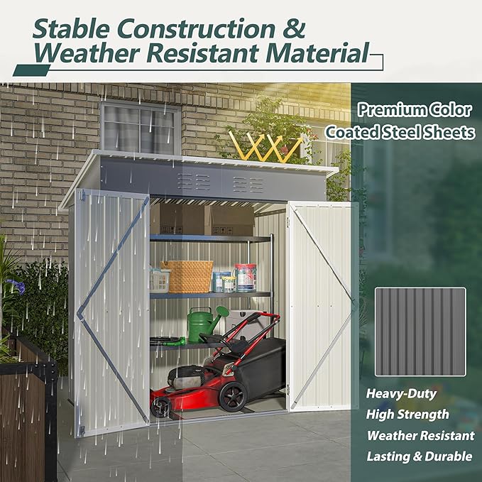 6 x 4 FT Outdoor Storage Metal Shed, Bike Garden Tool Shed with Slooping Roof, Lockable Doors and Aluminum Frames, Shed Easy to Assemble for Garden, Patio, Lawn, Grey