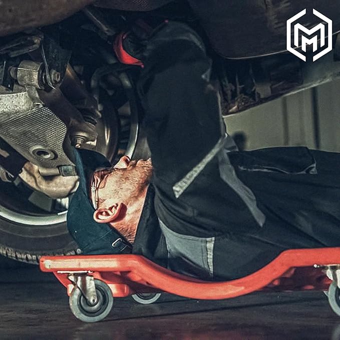 M-AUTO Plastic Rolling Garage Creeper with Padded Headrest 36" Light Weight Automotive Creeper Mechanic Cart with Dual Tool Trays and Noiseless Casters, Red