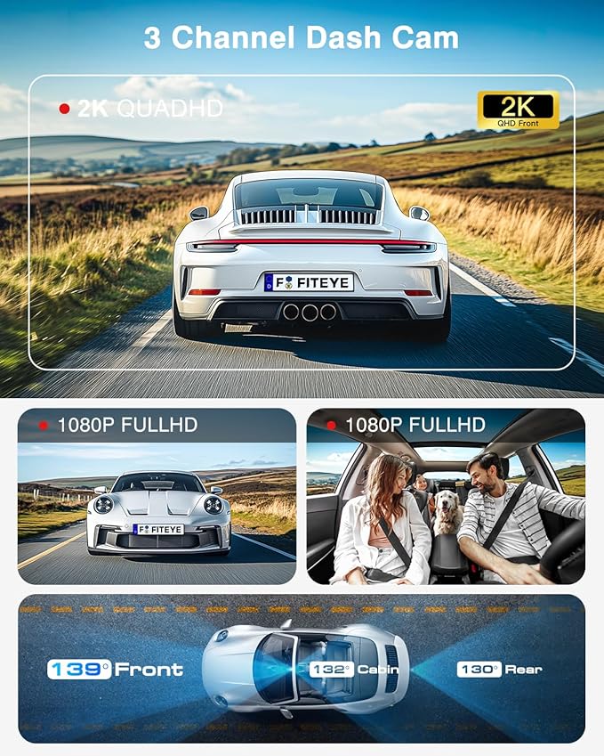 3 Channel 4K Dash Cam, IMX335 STARVIS Sensor, 4K+2K Front and Inside, 2K+1080P+1080P Front and Rear Inside Dash Camera for Cars, Free 64GB Card, Built in WiFi GPS, Intelligent Voice Control