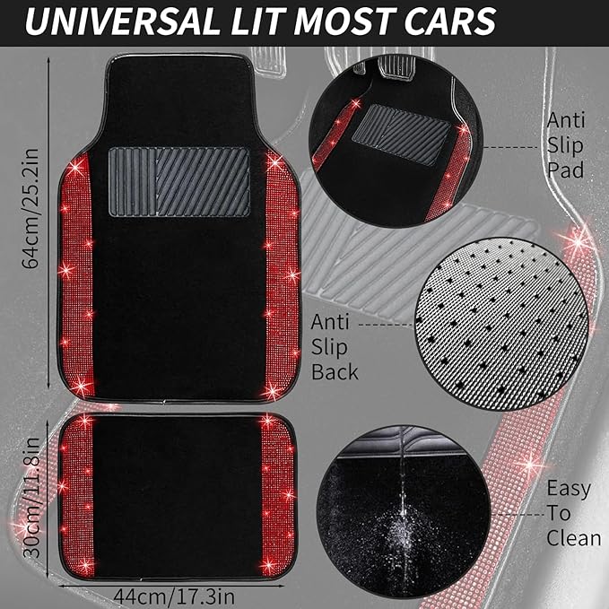 NBTEPEM Red Bling Car Floor Mats Full Set, Universal Fit Most Cars,SUV, Trucks, 4 pcs Sparkle Glitter Diamond Carpet for Women Girls with Anti-Slip Pad (Red Diamond)