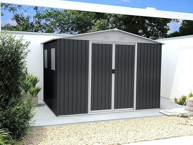 12x10 FT Outdoor Storage Shed with 4 Windows, Durable Metal Garden Sheds w/Updated Frame and Lockable Sliding Doors, Waterproof All-Weather Shelter Tool House for Backyard, Patio, Lawn, Grey