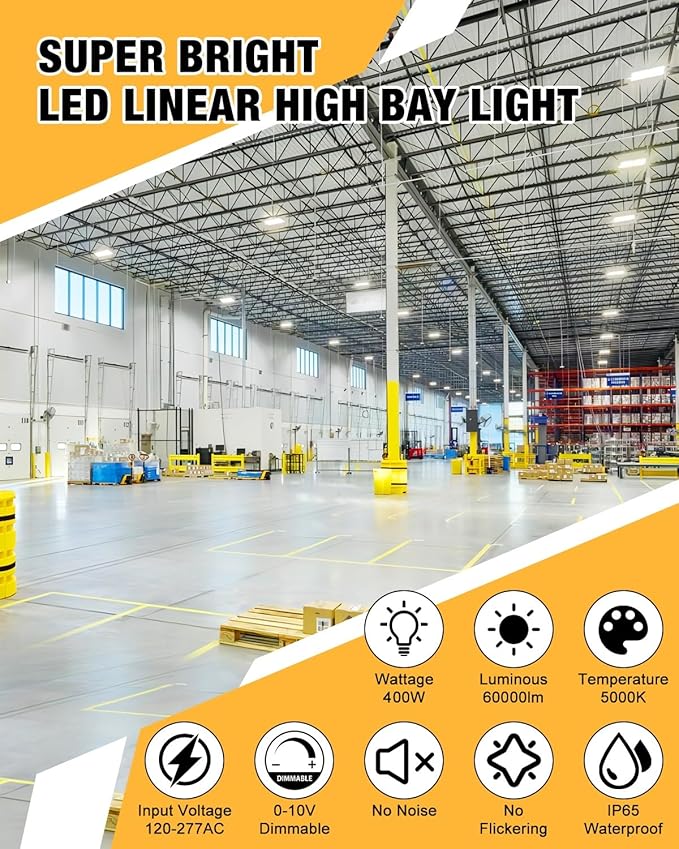 400W LED Linear High Bay Light, 60000LM Linear High Bay Shop Light 120-277V, 5000K for Warehouse, Garage Factory, UL Listed, 5 Years Warranty, 2Pack