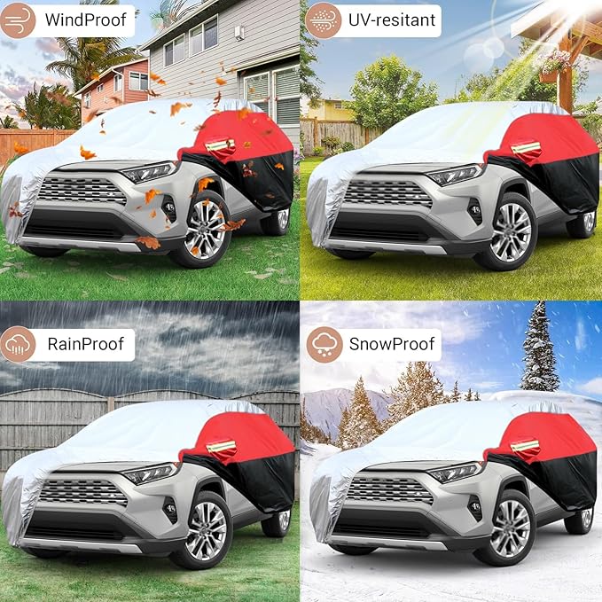 Car Cover for SUV Waterproof All Weather Snowproof UV Windproof Outdoor Full Car Jacket with Elastic Edges Adjustable Straps, Outdoor Heavy Duty Full Exterior Covers for SUV