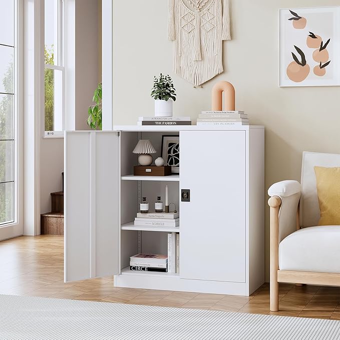 Metal Storage Cabinet, Lockable Storage Cabinet with 2 Doors and Shelves, Metal Cabinet with Lock, Small Lockable Metal Cabinet for Home Office(White)
