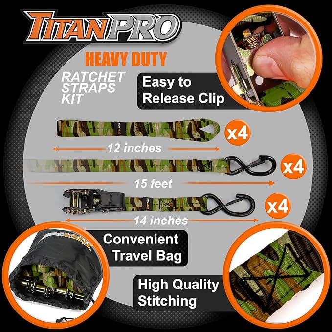 TitanPro Heavy Duty Ratchet Straps 4-Pack - 2,200lb Break Strength, 1" x 15' Rachet Tie Downs with Padded Handles - Heavy Duty, Truck, Motorcycle, Moving Straps (Camo)
