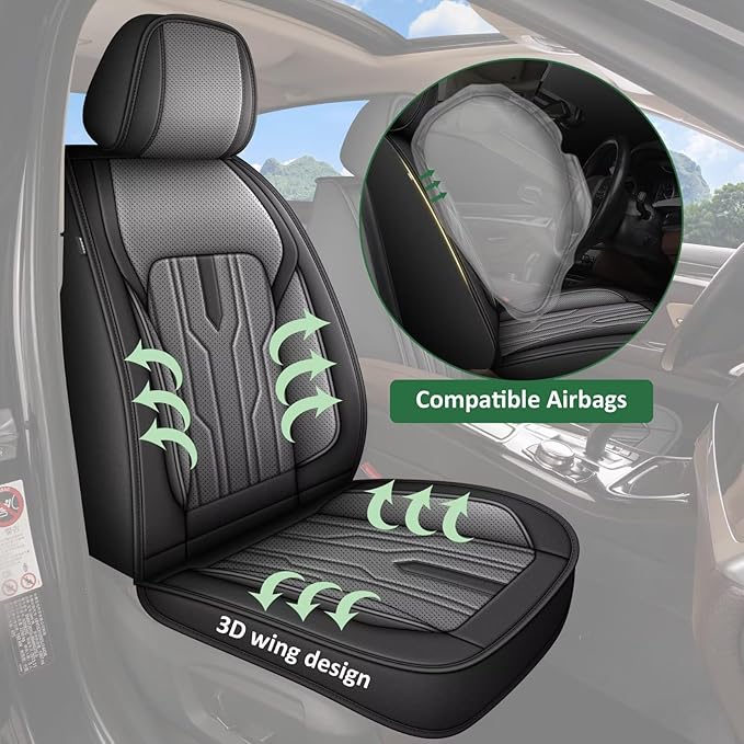 YORKENIC Fit for Hyundai Kona Seat Covers Front Set 2018-2024 2025: Breathable Leather Car Seat Covers Compatible Airbag (2 Front Set, Black & Grey)