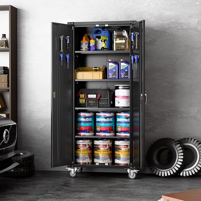 Garage Storage Cabinet with Wheels & Pegboard, 72" H Locking Metal Storage Cabinet with Doors and 4 Adjustable Shelves for Garage Workshop Home, Assembly Required, Black