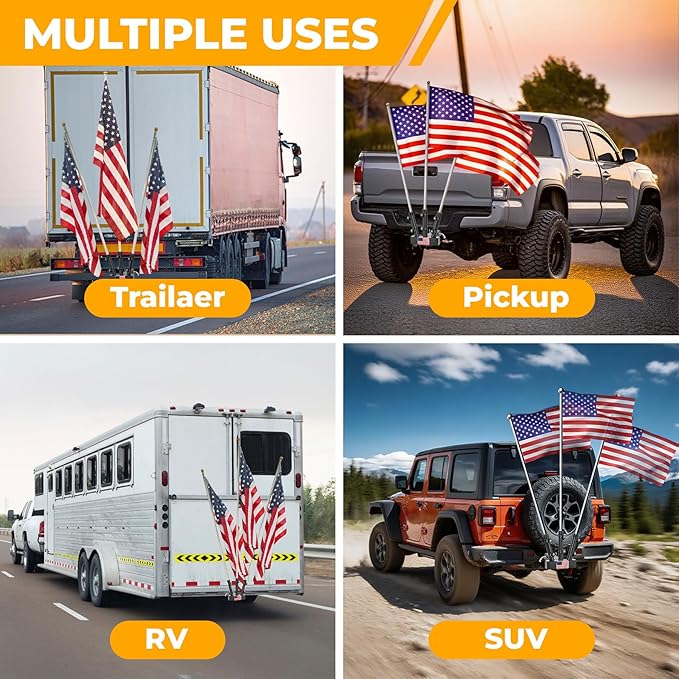 Heavy Duty Three Hitch Flag Holder, Trailer Hitch Flag Pole Holder, Fits 2" Trailer Receivers, Universal Hitch Flag Pole Holder Kit with Cars, Trucks, SUV, Pickups, Campers & Trailers