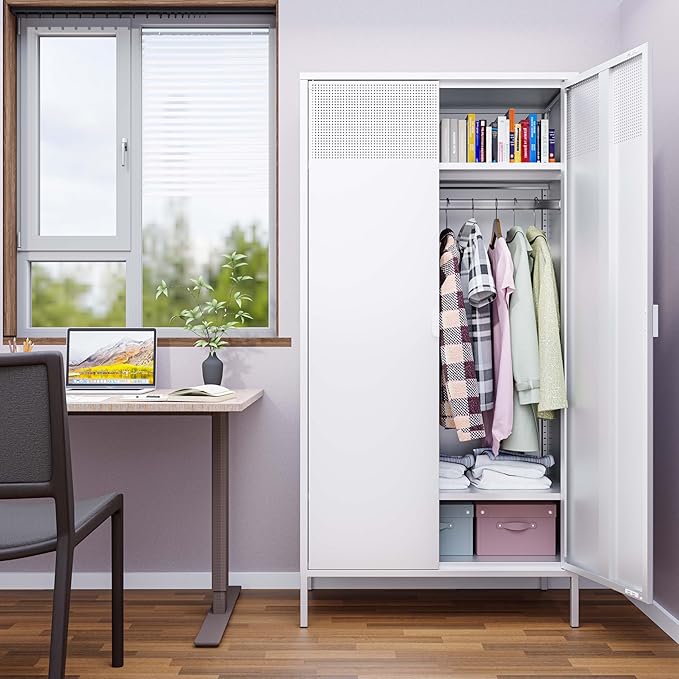 Metal Storage Cabinets Locker with Hanging Rod and Adjustable Shelves, 71'' Clothing Steel Storage Wardrobe for Home & Office, School, Employee,Gym(White, 71''H-Wardrobe)