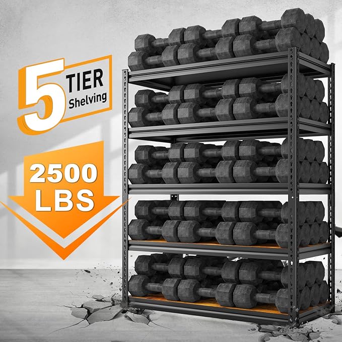 REIBII Garage Shelving 2500LBS Storage Shelves Adjustable Metal Shelving Heavy Duty Shelving 65.7" H Metal Shelves for Pantry Kitchen 15.35" D x 33.85" W x 65.74" H Black