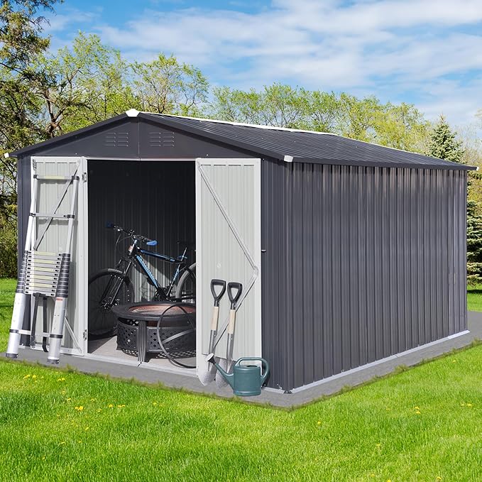 12 x 10 FT Metal Garden Shed, Outdoor Storage Shed with Heavy-Duty Steel Construction, Built-in Punched Vents & Hinged Door, Free Padlock for Secure Backyard, Patio & Garage Storage, Dark Grey