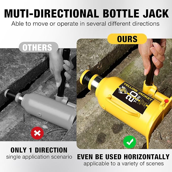 YELLOW JACKET 20 Ton Muti-Directional Welded Bottle Jack (40,000lb), Horizontal Bottle Jacks Use for Car, Pickup, Truck, RV, Auto Repair, Hydraulic Bottle Jack, Yellow