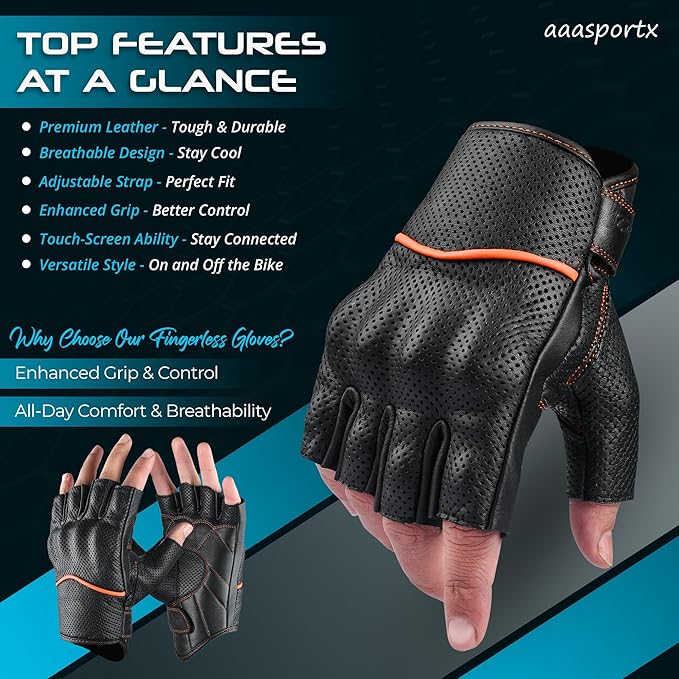 aasportx Motorcycle Gloves - Men's Leather Motorbike Gloves with Touchscreen Function - Non-Slip Pads for Men & Women
