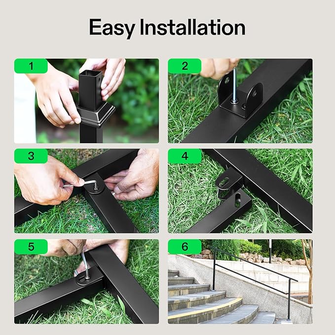 VIVOSUN Outdoor Handrail, 4 Step Stair Handrail, 54" x 36" Fits 1 to 4 Steps, Wrought Mattle Iron Handrail for Concrete Steps, Porch Steps, One-Step Assembly, Black