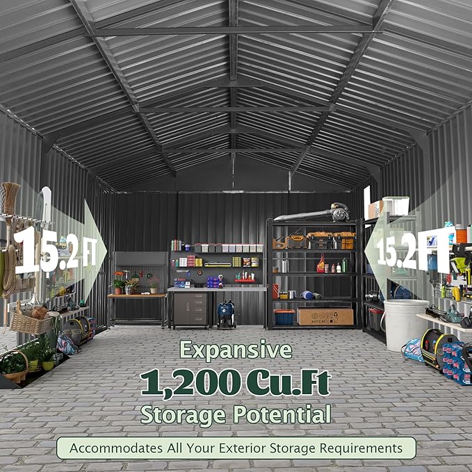 Domi 12’x15’ Outdoor Metal Garage Shed, Weatherproof Enclosed Carport with Sidewalls & 2 Lockable Doors, Backyard Storage Shed for Car, Bike, Motorcycle, Lawn Mower, 80MPH Wind Resistance, Dark Grey