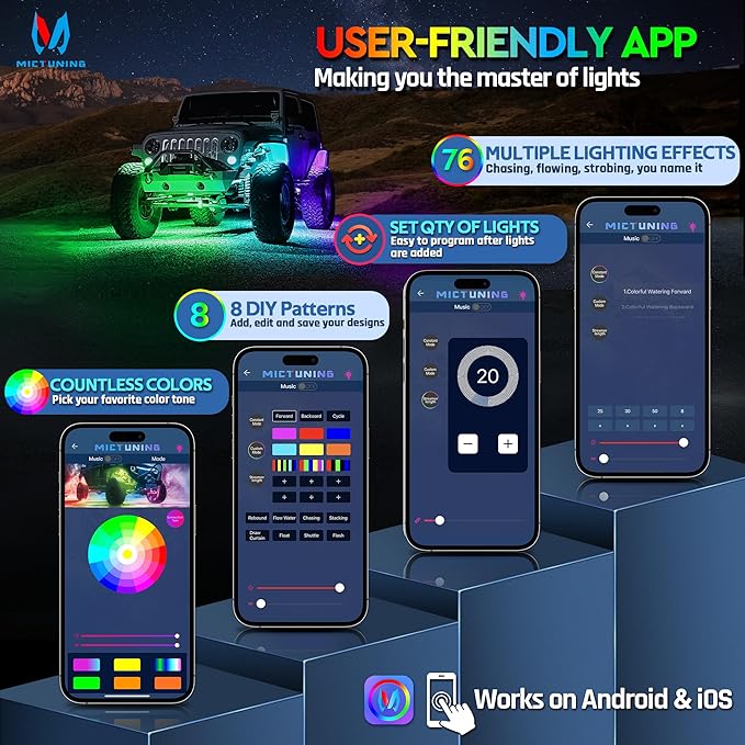 MICTUNING C2 MAX RGB+IC Chasing Color Rock Lights - 10 Pods Underglow Lighting Kit, Dynamic Lighting Modes, Extensible Up to 24 Pods with Stable APP Control, IP68 Waterproof, DIY Effect