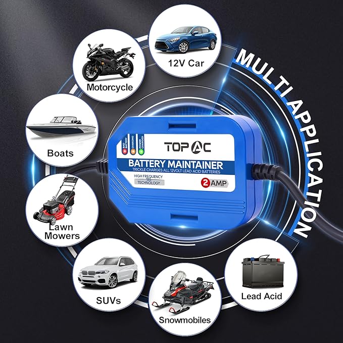 2 Amp Car Battery Charger,12V Smart Fully Automatic Battery Charger Maintainer Trickle Charger and Float Charger for Car Truck Motorcycle Lawn Mower Boat, Lead Acid Batteries