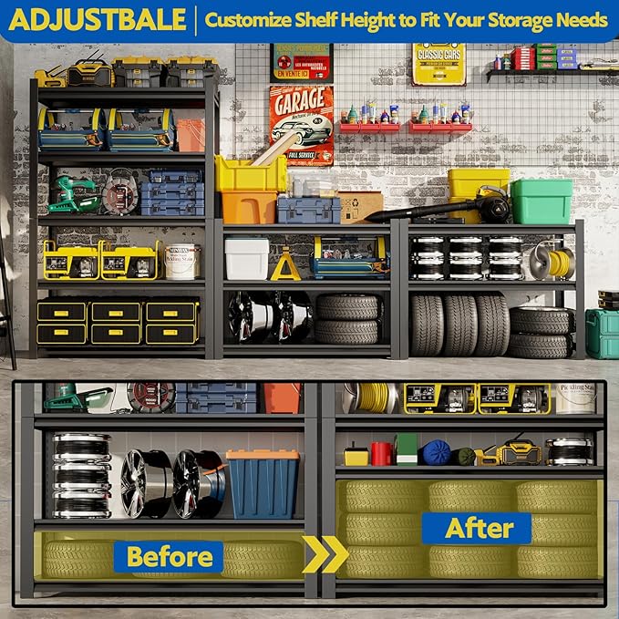 72''H Garage Shelving Heavy Duty, 2800LBS Storage Shelves, 5-Tier Adjustable Metal Shelve Storage Shelf Rack, Industrial Shelving Unit for Garage, Warehouse, Basement (59" W x 19.7" D x 72" H)
