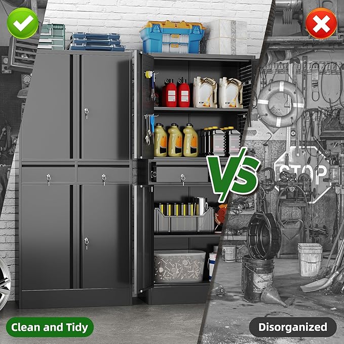 71" Metal Garage Storage Cabinet with 8 Hooks and Pegboards,2 Drawer Tool Storage with Locking Doors and Adjustable Shelves,Heavy Duty Steel Tool Cabinet for Garage, Warehouse