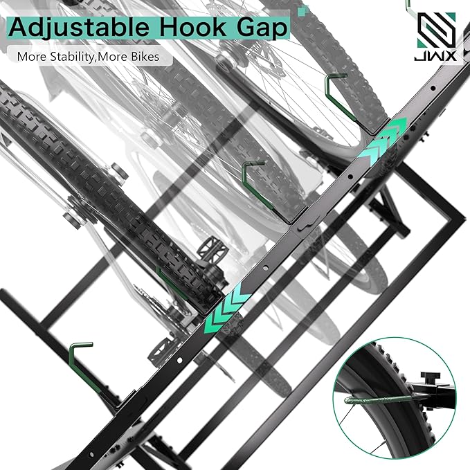 JWX Freestanding 5 Bike Rack, Heavy Duty Floor Bike Stand with Triangle Support Panels, Adjustable Rubber-Coated Hooks, Gear Accessory Holders, Easy Assembly