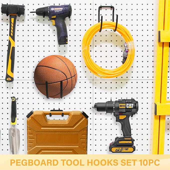 Heavy Duty Pegboard Hooks 10PC - Black Peg Board Hooks for Hanging Tools, Drill Holder, Only Fits 1/4" Peg Board, Ideal for garages, workshops, Craft Rooms, Retail Stores