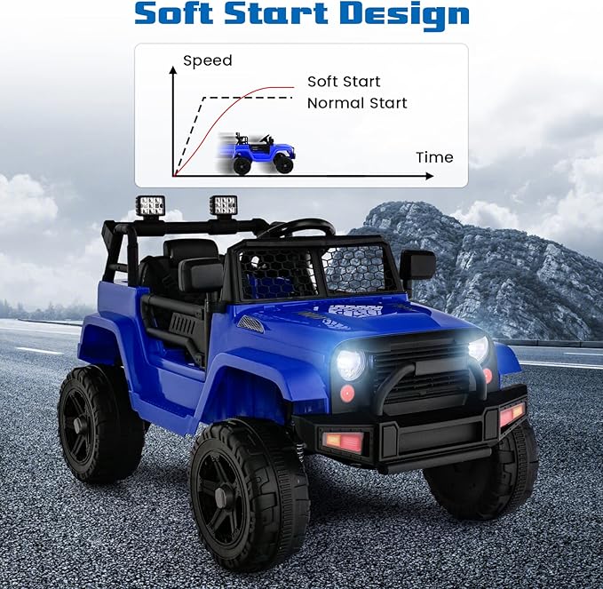 OLAKIDS Kids Ride On Truck, 12V Electric Vehicle Car with Remote Control, Toddlers Battery Powered Toy with 2 Speeds, Spring Suspension, Double Open Doors, LED Lights, TF, Music, USB, Mp3 (Blue)