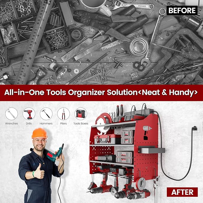 𝟐𝟎𝟐𝟓 𝐔𝐩𝐠𝐫𝐚𝐝𝐞𝐝 Power Tool Organizer Wall Mount with Charging Station [5-Layer Loads 220lbs Heavy Duty] Metal Tool Storage Rack Drill Holder,Battery Utility Rack Loads with 6 Power Strip