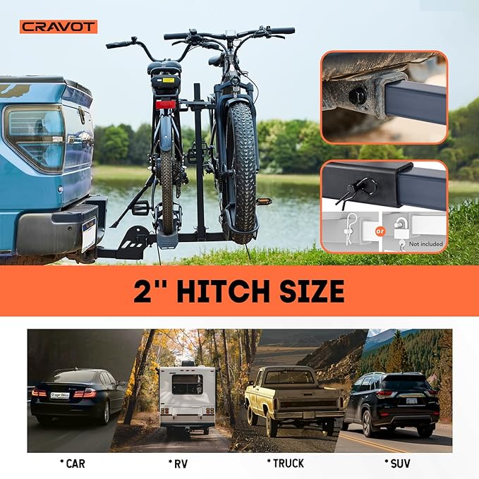 CyberRack E2 Hitch 2 E-Bike Rack with Ramp,200 lbs Capacity Electric Bike Carrier Foldable Platform Mount, Up to 5-inch Fat Tire Bicycle for 2'' Receiver Cars Trucks SUVs Minivans RV, Trailer