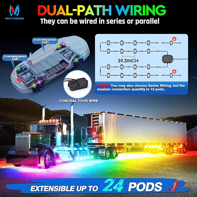 MICTUNING 2025 1000% Bright Q1 MAX RGB+IC Rock Lights, 8 Pods Chasing Dreamcolor Extensible Underglow Multicolor Neon Light Underbody Lighting Kit with APP Control for Truck ATV UTV Boat