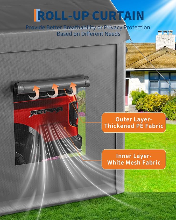 10 x 20ft Heavy-Duty Carport with Roll-Up Windows & Removable Sidewalls & Doors Thickened Wind Ropes, Ground Nails, Portable Car Tent Garage for Cars, Trucks, Boats, 180G Durable Tarp Cover,Grey