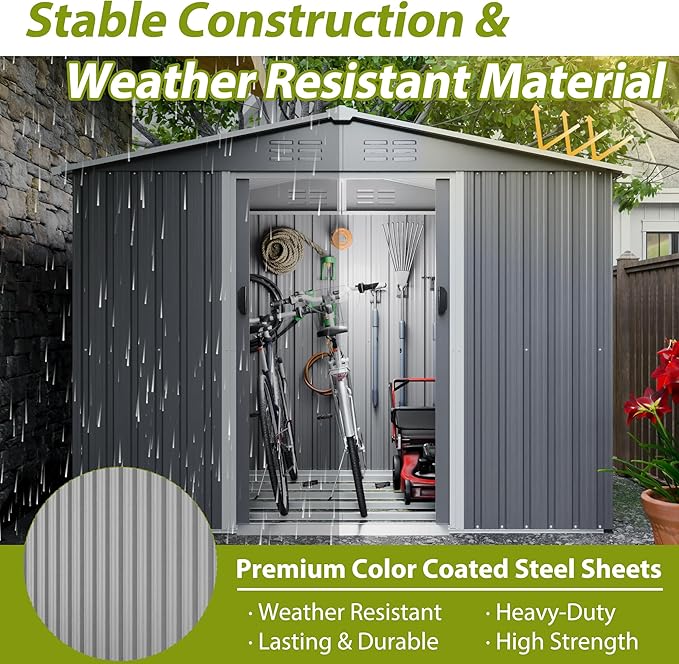 8x6 FT Outdoor Metal Storage Shed with Lockable Door & Floor Frame, Heavy-Duty Garden Tool Shed, Weatherproof Steel Utility Shed for Backyard, Patio, or Lawn Organization