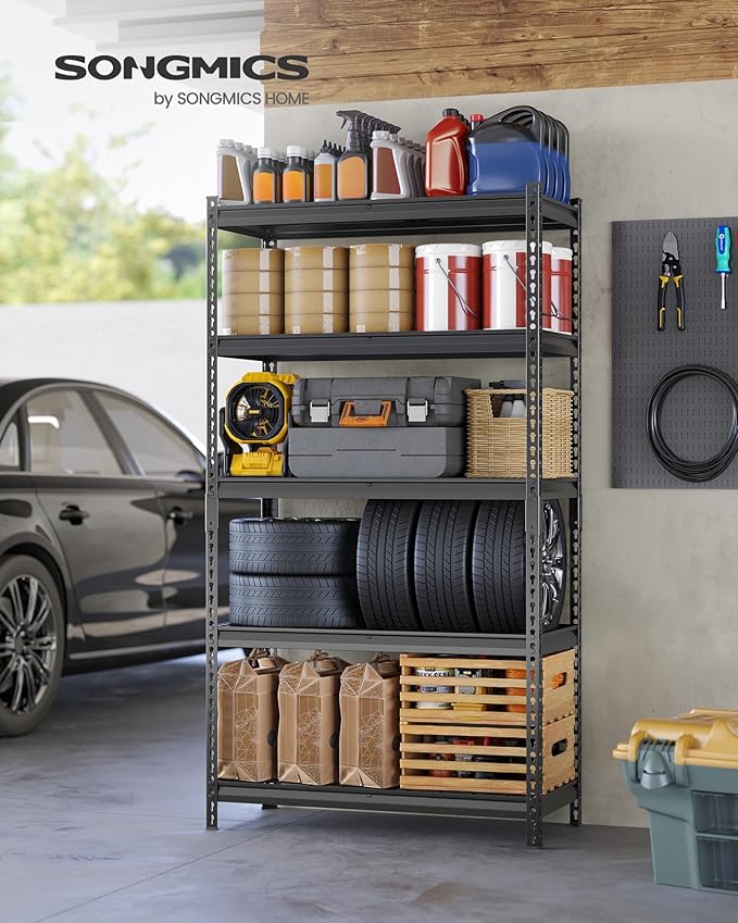 SONGMICS 5-Tier Storage Shelves Set of 3, Heavy-Duty Garage Shelving, Adjustable Shelving Unit, Steel Shelf, Boltless Assembly, for Garage, 2,250 lb Load, 18 x 108 x 72 Inches, Ink Black UGLR453B03