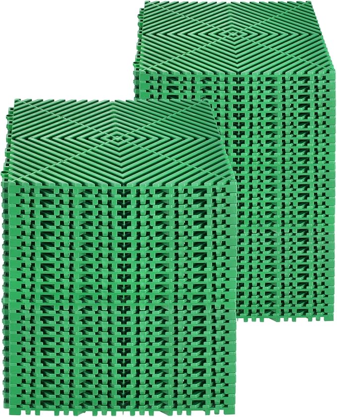 VEVOR Interlocking Drainage Mat, 50 Pcs Modular Interlocking Cushion, 12” x 12” Splicing Drainage Mats, Non-Slip Green PP Drainage Floor Tile and Shower Mat, for Garage, Garden, Kitchen & Outdoor