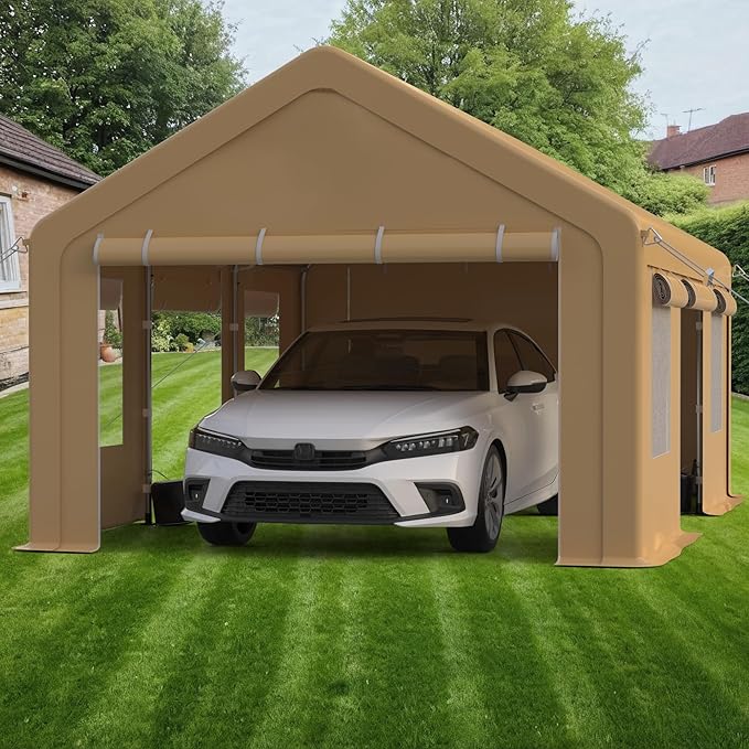 Heavy Duty Carport, Portable Garage with 4 Doors & 4 Window，Upgraded Carport with Reinforced Steel Poles, Uv Resistant All-Season Waterproof Tarp, for Car, Truck, Boat