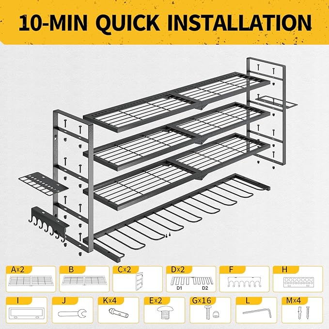SOYEEZE Power Tool Organizer, Drill Holder Wall Mount, 4 Layers Tool Storage, Heavy Duty Garage 8 Drill Storage Shelf with Hammer/Screwdriver/Hooks Rack, Extra Large Capacity