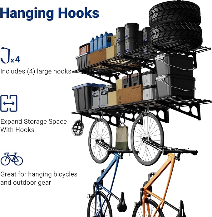 FLEXIMOUNTS 2-Pack 2x6ft Garage Shelving with Hooks, 24-inch-by-72-inch Wall Shelf Garage Storage Racks Floating Shelves, Black
