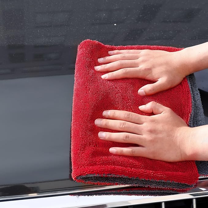 LIVOS Extra Large Car Drying Towel, Twisted Terry Microfiber Towels for Cars, 1000GSM Professional Quick Dry Cleaning Cloth for Car, Scratch-Free, Absorbent Wash Towel, 25" x 36" (Red&Grey)